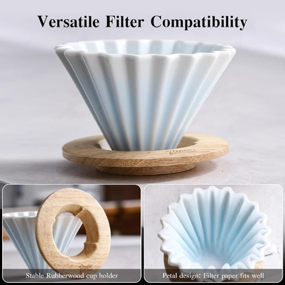 Bincoo GYKF1990 Ceramic Coffee Dripper,Pour Over Coffee Dripper with Wood Stand, Flower-shape for 1-2 Cups Slow Brewing Maker for Home Cafe (Pink)