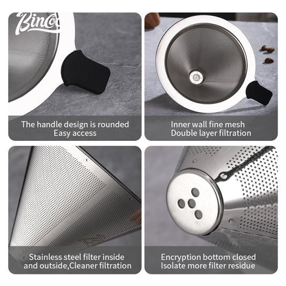 Bincoo Pour Over Coffee Filter Thickened Stainless Steel 300/800 mesh Filter Funnel