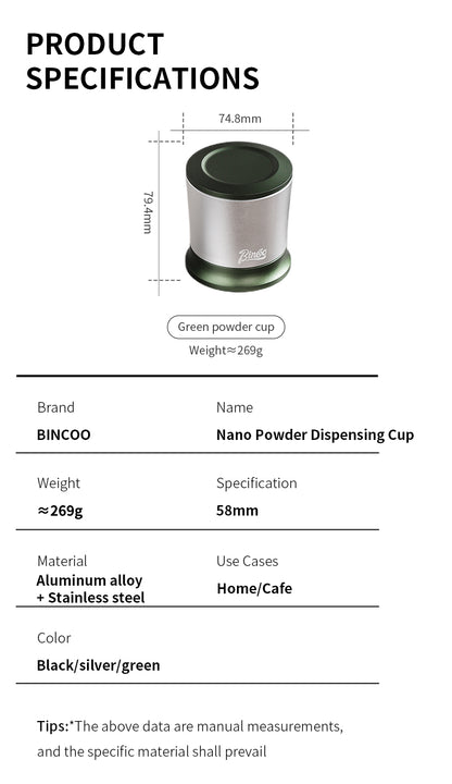 Bincoo Nano Coffee Dosing Cup - 58mm Magnetic Espresso Powder Receiver with Stirring Rod, Anti-Static Aluminum Alloy Grinder Funnel for Portafilter, 3 Colors Available