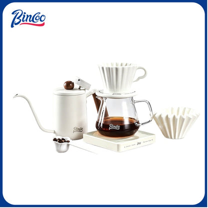 Bincoo Complete Pour Over Coffee Set, Yuguang Pleated Ceramic Dripper Hand Brew Kit with Gooseneck Kettle, Manual Coffee Grinder, Glass Coffee Server & Digital Coffee Scale, Aesthetic Home Barista Coffee Making Kit