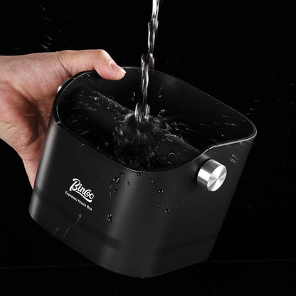 Bincoo GYKF2270 Square Coffee Knock Box 0.8L – ABS Espresso Knock Bin with Non-Slip Base, Wide 4.6" Slanted Opening & Detachable Silicone Knock Bar for Easy Cleaning and Quiet Use(Black square)