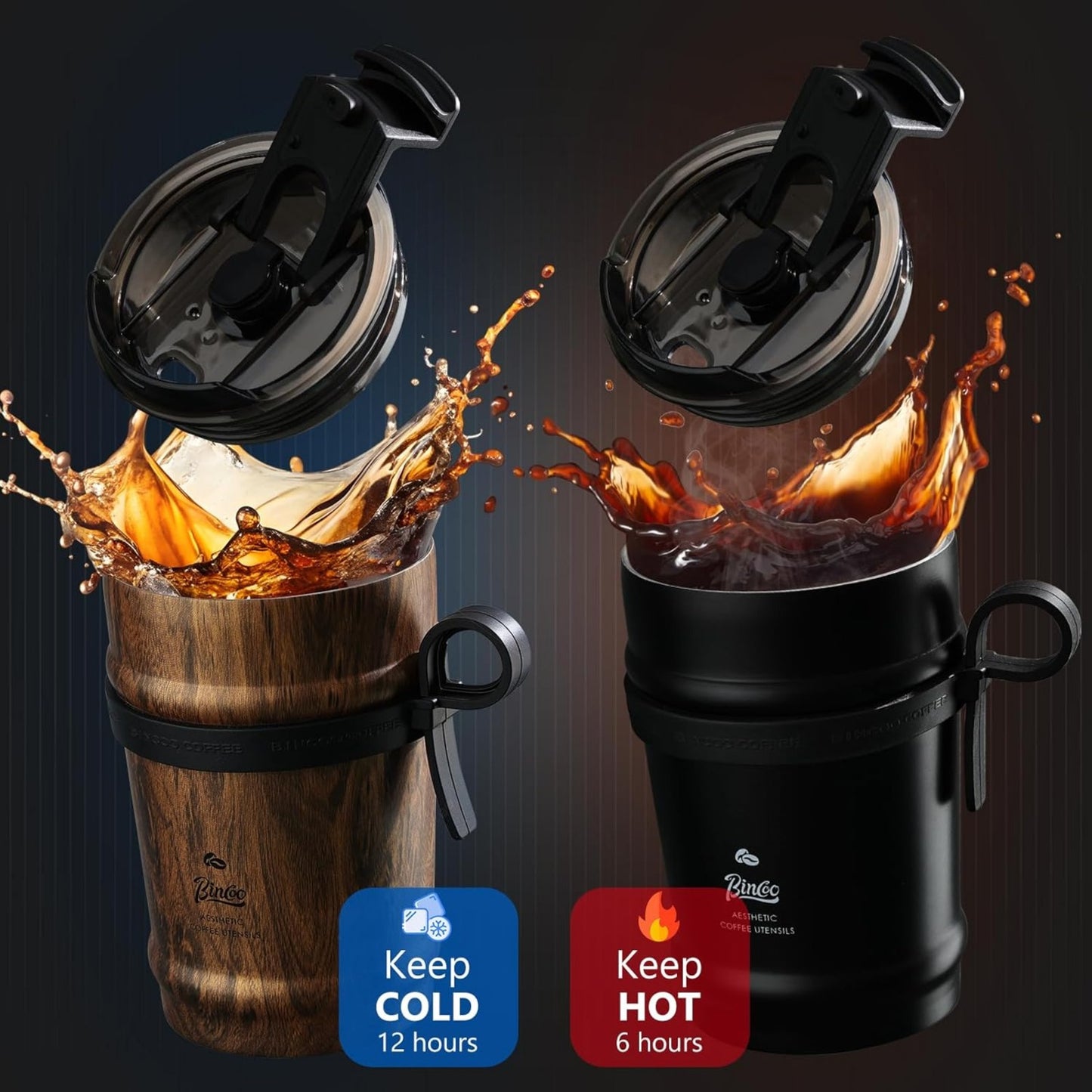Bincoo 11oz Travel Coffee Mug Tumbler with Flip Lid-316 Stainless Steel Vacuum Coffee Cup with Ceramic Liner for Hot and Cold,Portable Insulation Mug with Rope for Ootdoor Home