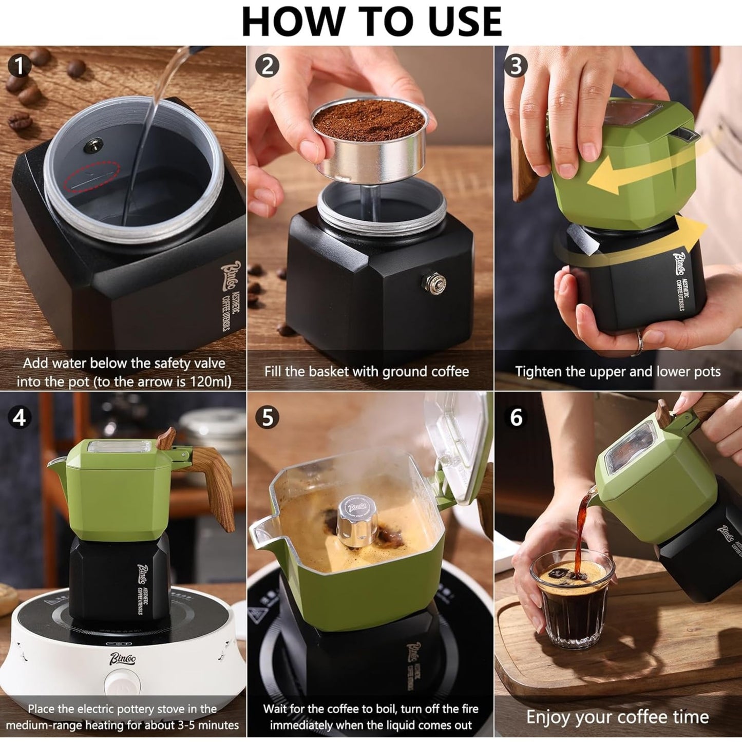 Bincoo Stovetop Espresso Maker 2 Cups-Creative Moka Coffee Pot Double Valve,Italian Coffee Maker Aluminium Stovetop Camping Espresso Maker,120ML/4oz(White-black)
