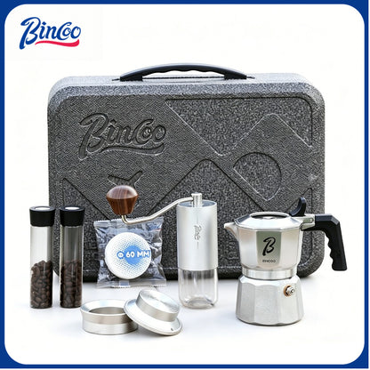 BINCOO 316 Stainless Steel Three-Valve Moka Pot Coffee Brewing Set Complete Kit with Coffee Grinder & Portable Storage Case 2