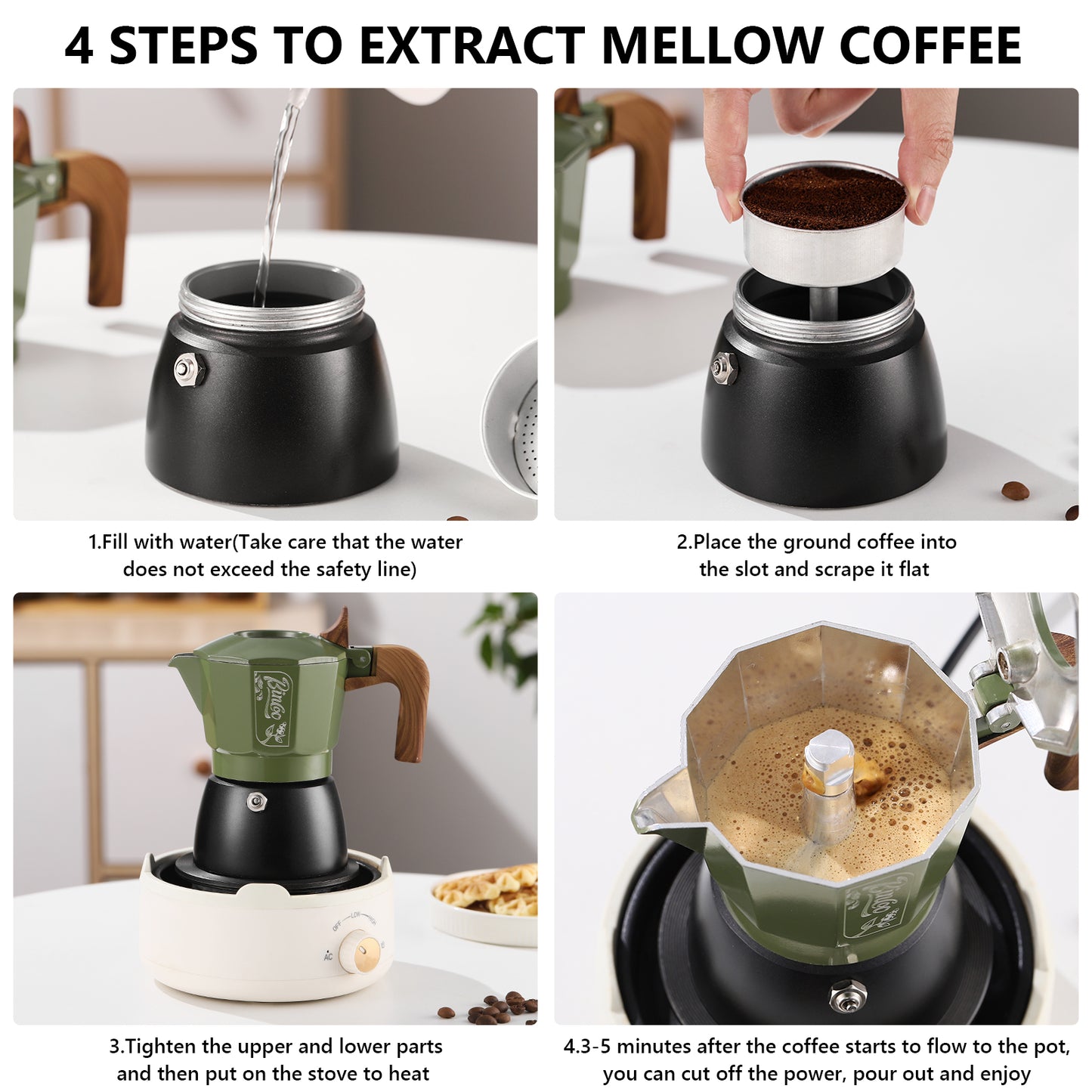 Bincoo Premium Moka Pot Set 6 Color Options Dual Valve System Compact Italian Coffee Maker for Stovetop Brewing