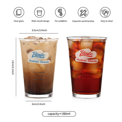 Bincoo Glass Iced Coffee Cups Set of 2 - Drinking Glasses Set 380ML, Clear Heavy Base Tall Beer Glasses, Water Glasses, Bar Glass, Wine, Juice, Iced Tea