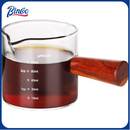 Bincoo GYKF0141 100ML Espresso Shot Glass with Wood Handle - Double Spout Measuring Cup for Perfect Latte Art, Dishwasher Safe, Easy-Pour Design (OZ/ML Markings)