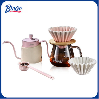 BINCOO Pink Pour-Over Coffee Set Glass Sharing Pot Set with Ceramic Filter Cup and Coffee Grinder Coffee Equipment Set
