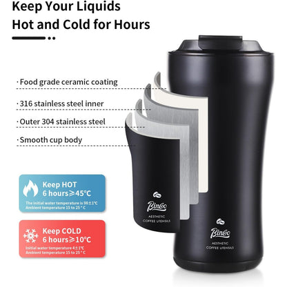 Bincoo 316 Stainless Steel Insulated Coffee Travel Mug 12.8oz,Leak-proof Insulated Travel Coffee Tumbler Keeps Drinks Hot/Cold for 6 Hours,with Storage Compartment,Ideal for Office,Outdoors,Car