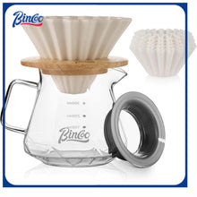 Bincoo GYKF0705 400ML Pour Over Coffee Maker Set with Filter Paper, Ceramic Coffee Dripper with Wood Stand Set for 1-2 Cups - Professional Brewing Tools for Home Office (White)