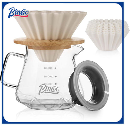 Bincoo GYKF0705 400ML Pour Over Coffee Maker Set with Filter Paper, Ceramic Coffee Dripper with Wood Stand Set for 1-2 Cups - Professional Brewing Tools for Home Office (White)