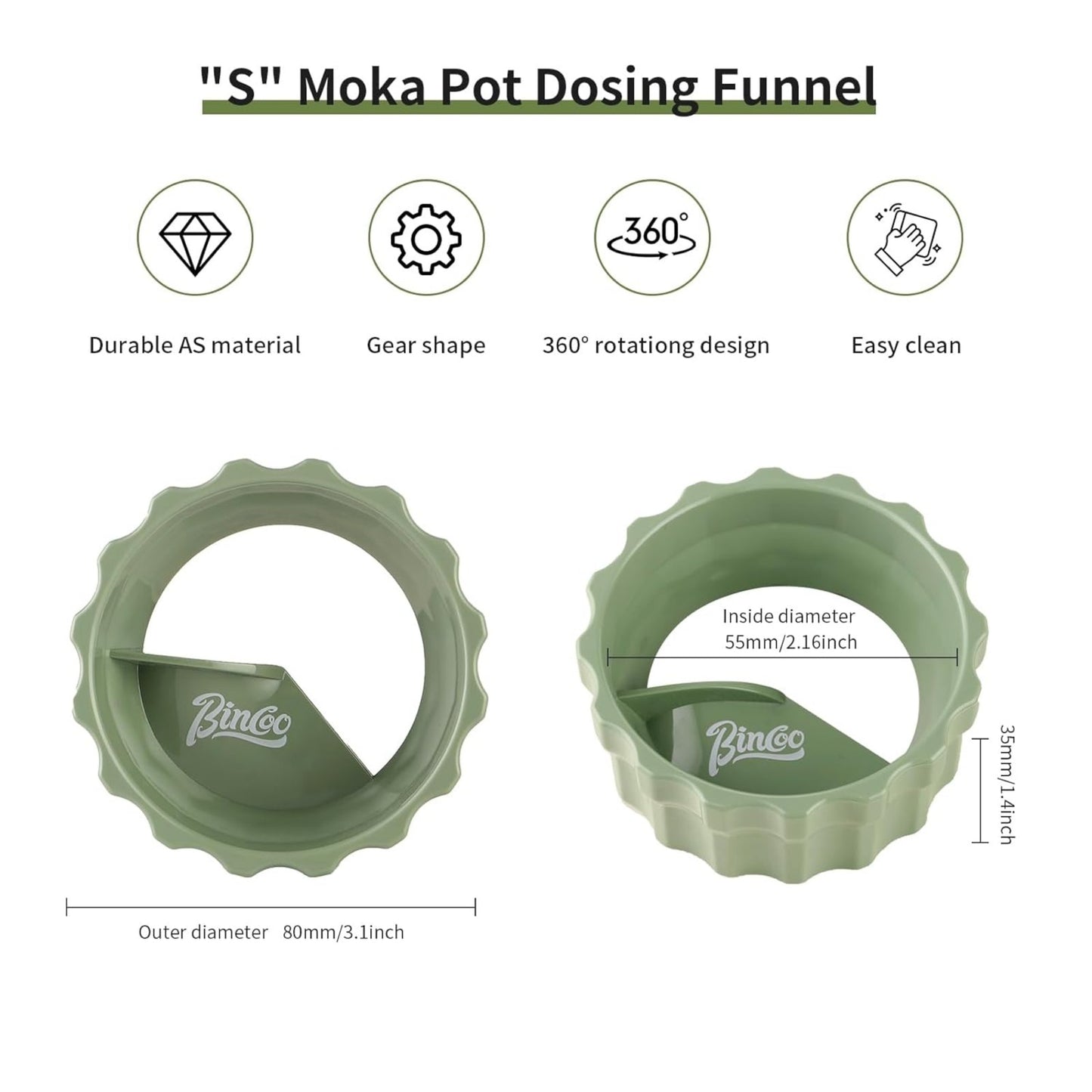 Bincoo GYKF1942 Coffee Maker Dosing Funnel 54mm for Moka Pot-Coffee Powder Filler Funnel,Anti-Flying Powder Distribution Tool for 2-3 Espresso Cup Moka Pot (Green-S 54mm)