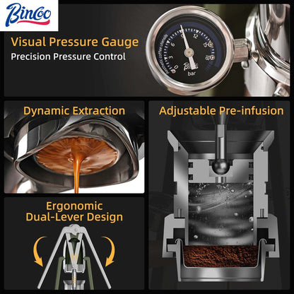 Bincoo Manual Espresso Maker Lever Espresso Machine – 12Bar Pressure Profiling, Dual-Lever Manual Coffee Maker with Pre-Infusion GYKF2164