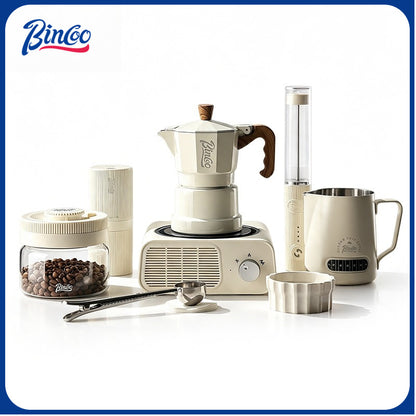 BINCOO Three‑Valve Moka Pot Home Coffee Maker Set with Coffee Grinder Small Italian Espresso Coffee Brewing Utensils Kit 2Cups