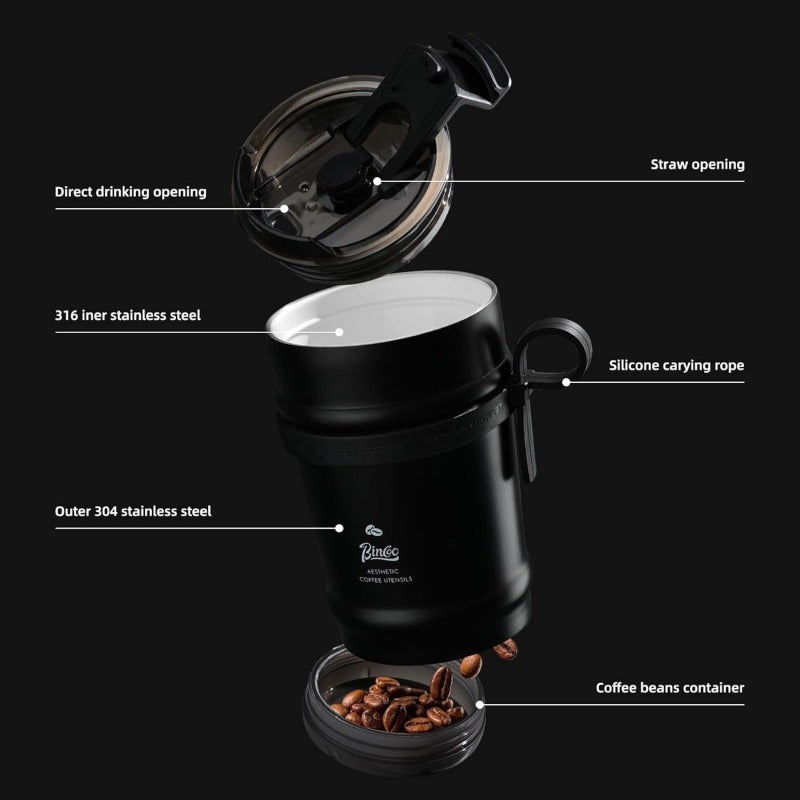 Bincoo GYKF1908 11oz Travel Coffee Mug Tumbler with Flip Lid-316 Stainless Steel Vacuum Coffee Cup with Ceramic Liner for Hot and Cold,Portable Insulation Mug with Rope for Ootdoor Home