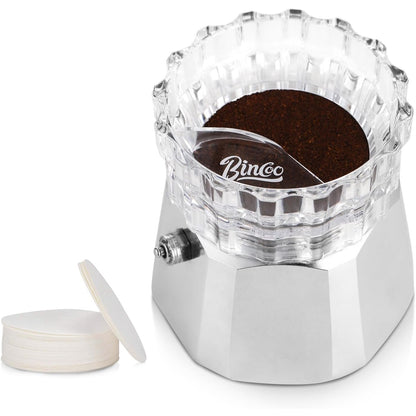 Bincoo GYKF0731 Moka Pot Dispenser with 100pcs Filter Paper, Rotating Powder Filler, Powder Receiving Cup, Funnel, Moka Pot Accessories (Large for 4-6 Cup Gift Set)