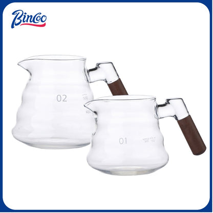 BINCOO Coffee Hand Brewing Pot Set Glass Sharing Pot with Wooden Handle Coffee Tasting Cup 450ML/600ML