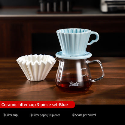 Bincoo Complete Pour Over Coffee Set, Yuguang Pleated Ceramic Dripper Hand Brew Kit with Gooseneck Kettle, Manual Coffee Grinder, Glass Coffee Server & Digital Coffee Scale, Aesthetic Home Barista Coffee Making Kit