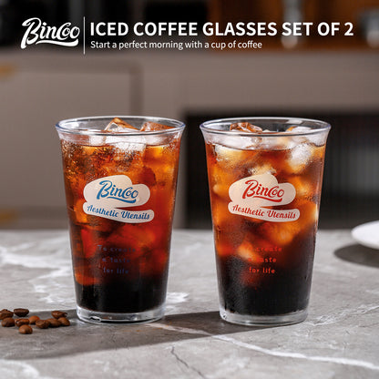 Bincoo Glass Iced Coffee Cups Set of 2 - Drinking Glasses Set 380ML, Clear Heavy Base Tall Beer Glasses, Water Glasses, Bar Glass, Wine, Juice, Iced Tea