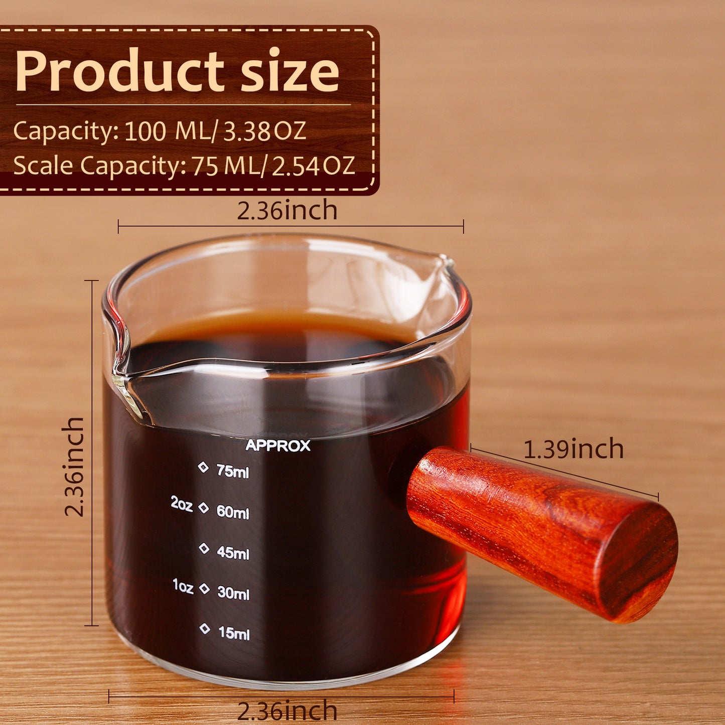 Bincoo GYKF0141 100ML Espresso Shot Glass with Wood Handle - Double Spout Measuring Cup for Perfect Latte Art, Dishwasher Safe, Easy-Pour Design (OZ/ML Markings)