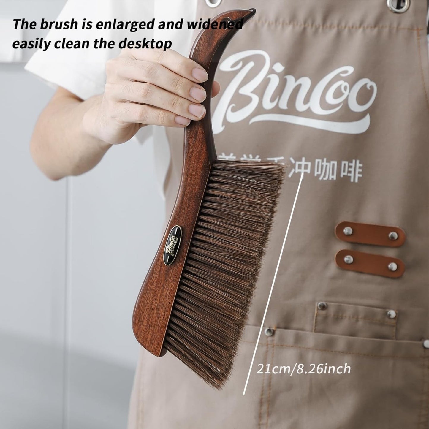 Bincoo GYKF1226 Hand Broom Dusting Brush for Home Cleaning-Espresso Machine Brush-Coffee Table Cleaning Brush with Long Wooden Handle,Ideal for Home,Kitchen,Dining Table,13 Inches Hand Broom(Brown)