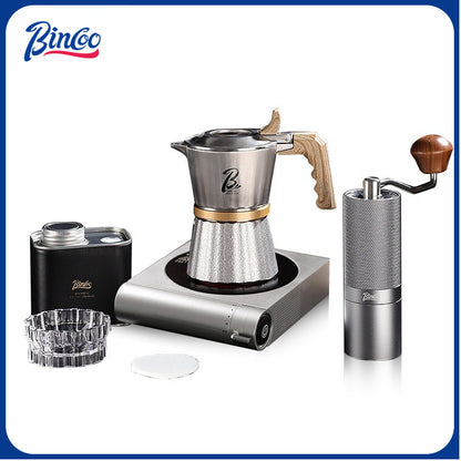 BINCOO Three-Valve 316 Stainless Steel Moka Pot Home Use Stovetop Coffee Maker Set Italian Espresso Pot with Grinder Set 2Cups