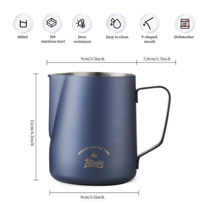 Bincoo GYKF1602 Milk Frothing Pitcher, 20OZ/600ML Stainless Steel Espresso Steaming Pitcher Coffee Milk Frother Cup with Handle and Scale