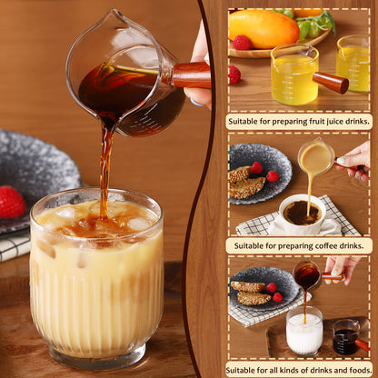 Bincoo GYKF0141 100ML Espresso Shot Glass with Wood Handle - Double Spout Measuring Cup for Perfect Latte Art, Dishwasher Safe, Easy-Pour Design (OZ/ML Markings)