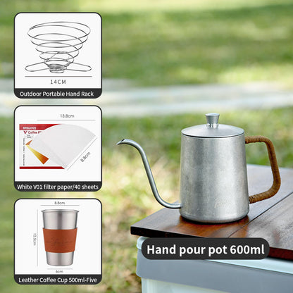 Bincoo Outdoor Pour Over Coffee Kettle - Retro Stainless Steel Gooseneck Spout Coffee Pot with Hemp Rope Handle, Aesthetic Hand Drip Pot for Camping & Home Brewing