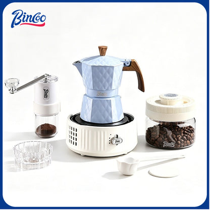 BINCOO Two-Valve Moka Pot with Electric Stove Set Home Coffee Maker with Grinder Set Espresso Machine Set for Office and Outdoor 2Cups