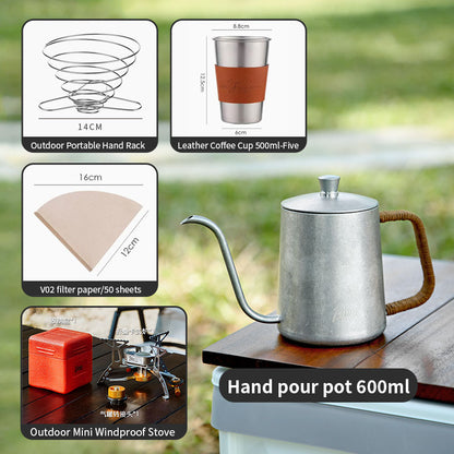 Bincoo Outdoor Pour Over Coffee Kettle - Retro Stainless Steel Gooseneck Spout Coffee Pot with Hemp Rope Handle, Aesthetic Hand Drip Pot for Camping & Home Brewing