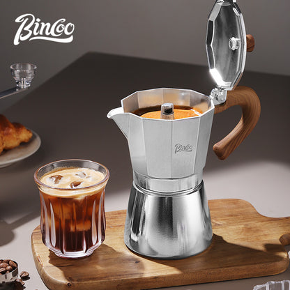 BINCOO Single Valve Moka Pot Stovetop Coffee Maker, 3rd Gen Pressure Boost Espresso Pot with Comfort Wood Handle for Home Barista Perfect Flavor Brewing