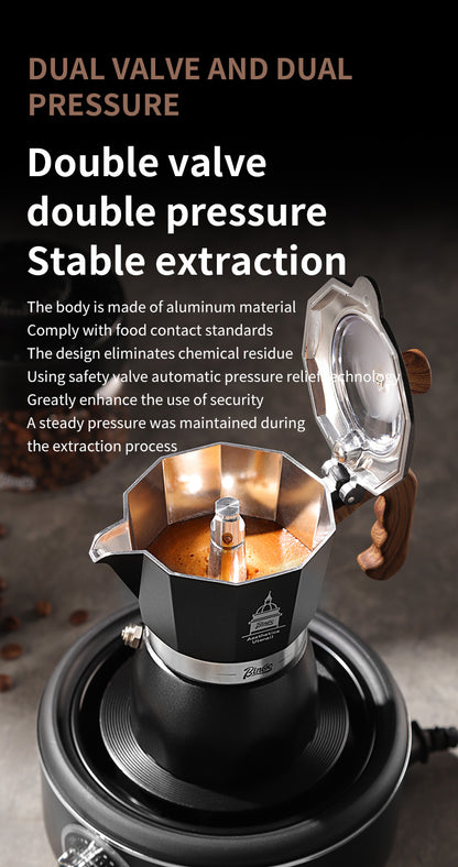 Bincoo Double Valve Moka Pot - High Pressure Stovetop Espresso Maker with Rich Crema, Food-Grade Aluminum, Italian Style Coffee Pot with Transparent Lid for Home Brewing