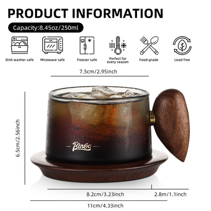 Bincoo Glass Coffee Cups and Saucers Set,250ML Clear Glass Iced Coffee Mug Espresso Cup Tea Cup with Walnut Coaster and Handle (Clear)