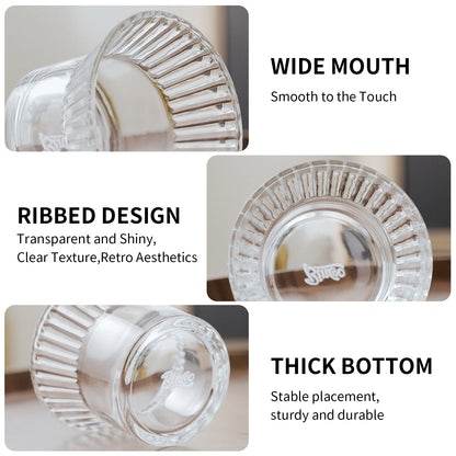 Bincoo Glass Iced Coffee Cups Set - 7oz Reusable Ribbed Glass Tumblers,Vintage Glassware for Wine, Juice, Cocktails, Water, Iced Coffee, Whiskey, Set of 2