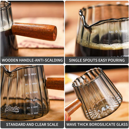 Bincoo GYKF0789 6oz Espresso Shot Glass with Wood Handle,Single Spouts Coffee Milk Measuring Cup with Clear Scale -Heat Resistant Glass Creamer for Coffee Tea or Maple Syrup Serving (180ML gray)