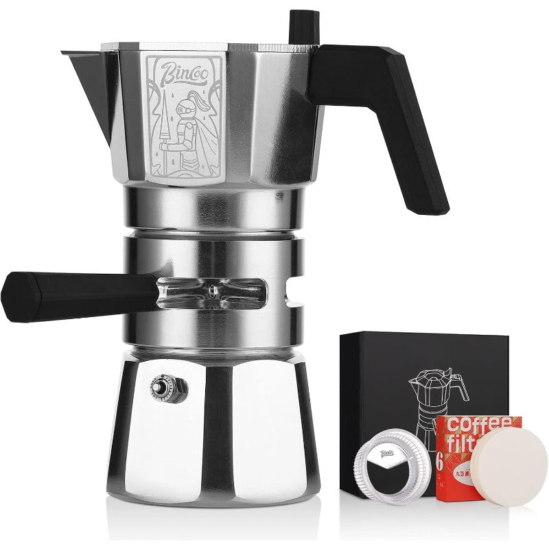Bincoo GYKF0540 120ML/2 Cup Stovetop Espresso Maker Double Valve Moka Pot with Thermostat Extractor,Italian Espresso Moka Pot with Powder Dispenser and Filter Paper for Home(Black)