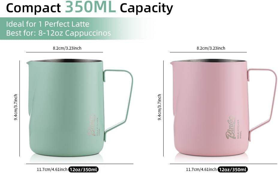 Milk Frothing Pitcher -350ml/12oz Milk Frother Cup Espresso Steaming Pitcher for Barista, Bincoo SUS304 Stainless Steel Espresso Steaming Pitchers for Latte Art/Cappuccino/Coffee (Green-350ml)