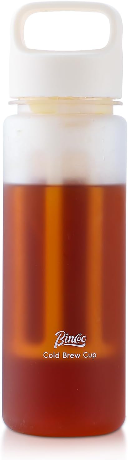 Bincoo GYKF2194 Cold Brew Coffee Maker 15oz, Iced Coffee Maker with Fine Mesh Filter,Cold Brew Travel Cup,Leakproof and Portable Lid (White)
