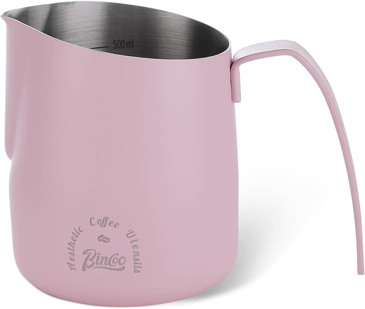 Milk Frothing Pitcher 500ML - Pink Espresso Steaming Pitcher, Stainless Steel Coffee Milk Frothing Cup with Large Handle and Scale, Espresso Machine Accessories for Barista