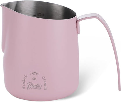 Milk Frothing Pitcher 500ML - Pink Espresso Steaming Pitcher, Stainless Steel Coffee Milk Frothing Cup with Large Handle and Scale, Espresso Machine Accessories for Barista