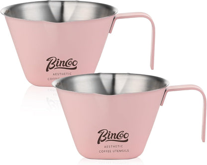 Pink Espresso Measuring Cup with Handle - 2 Pack Stainless Steel Espresso Pouring Cup with Double Spout,100ML Espresso Shot Cup for Coffee Bean,Tomato,Sauce,Milk
