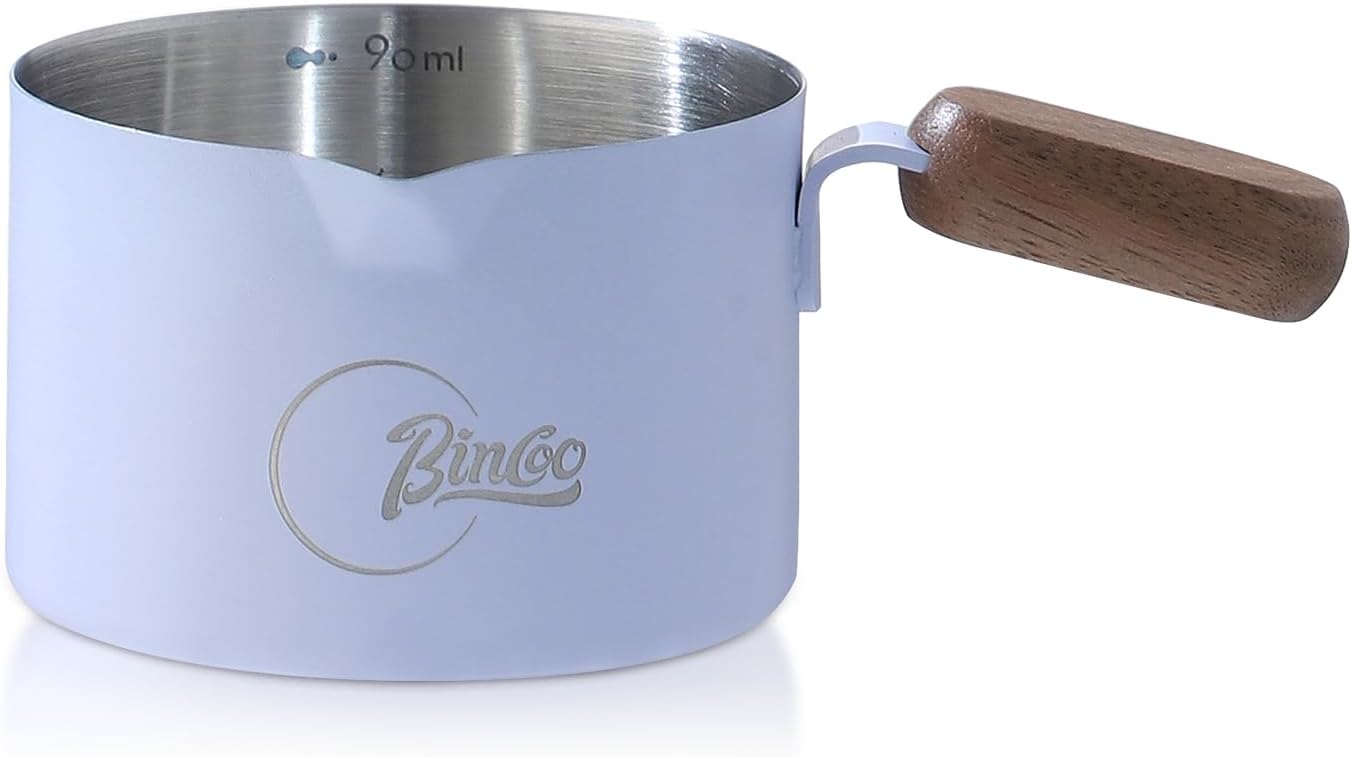 Bincoo GYKF2244 Espresso Shot Cup with Wood Handle,100ML Stainless Steel Espresso Measuring Cup Pouring Cup for Coffee Machine, Home, Barista