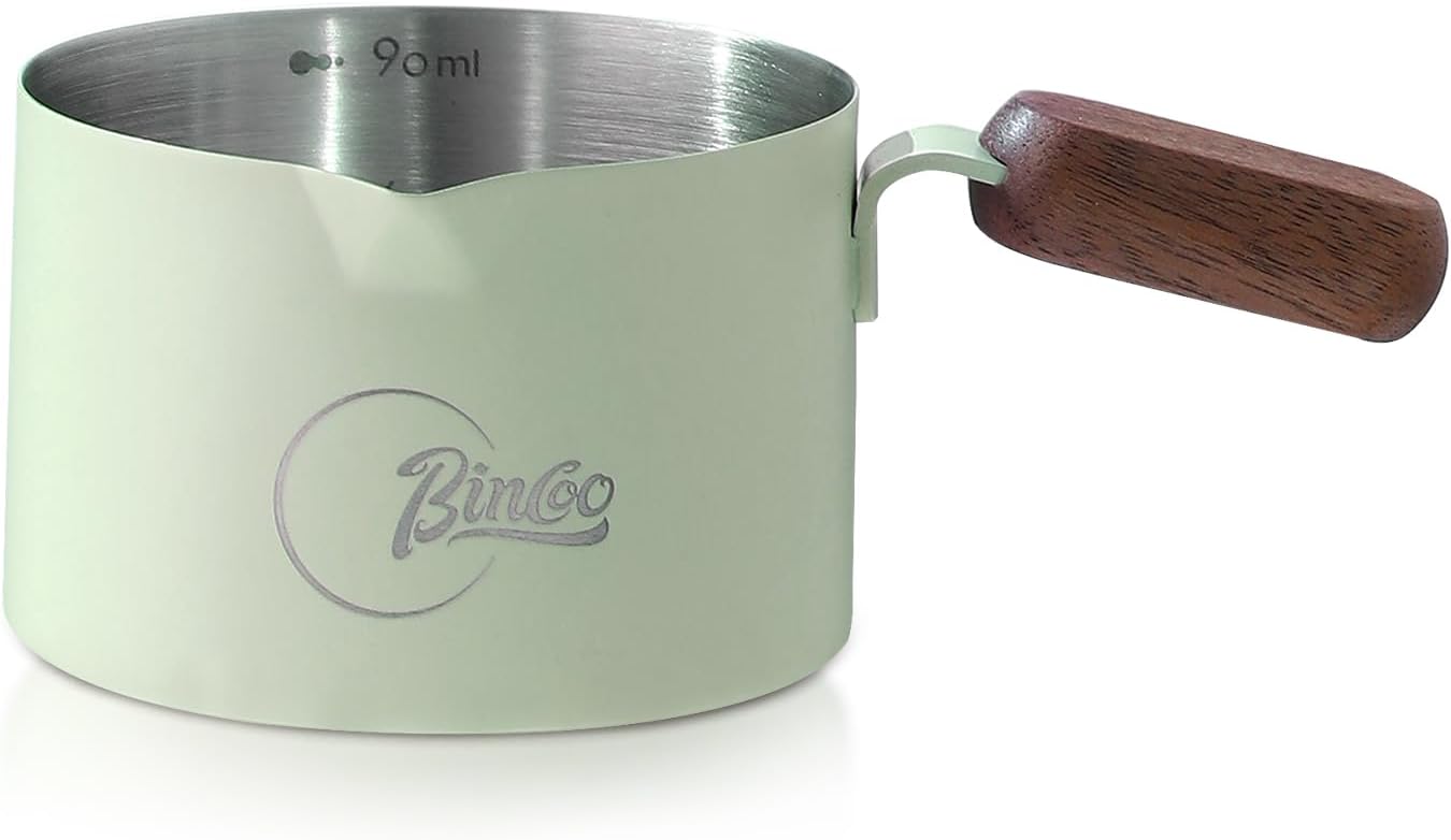 Bincoo GYKF2244 Espresso Shot Cup with Wood Handle,100ML Stainless Steel Espresso Measuring Cup Pouring Cup for Coffee Machine, Home, Barista