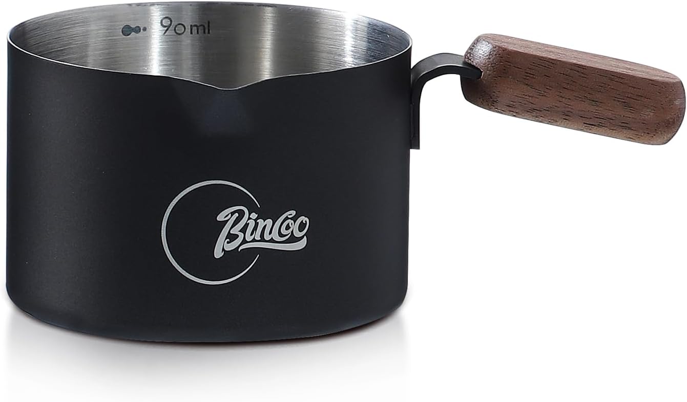 Bincoo GYKF2244 Espresso Shot Cup with Wood Handle,100ML Stainless Steel Espresso Measuring Cup Pouring Cup for Coffee Machine, Home, Barista