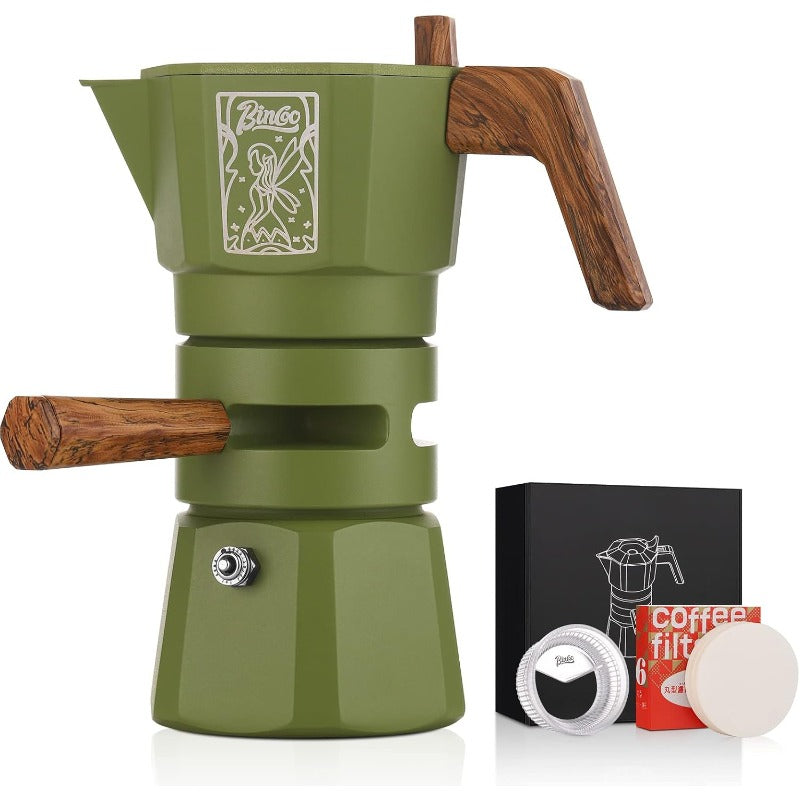 Bincoo GYKF0540 120ML/2 Cup Stovetop Espresso Maker Double Valve Moka Pot with Thermostat Extractor,Italian Espresso Moka Pot with Powder Dispenser and Filter Paper for Home(Black)