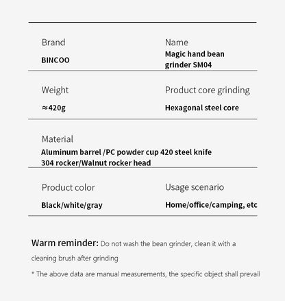 SM04 Portable Manual Coffee Grinder, CNC 420 Steel Six-Star Conical Burr, 16 Adjustable Grind Settings