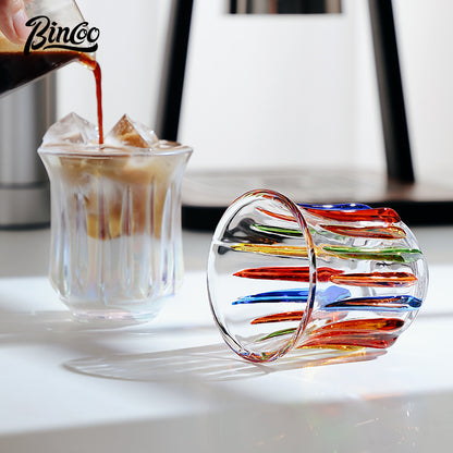 Hand-Painted Rainbow Vertical Relief Glass Tumbler | Bincoo Aesthetic Clear Textured Drinking Cup for Coffee, Whiskey & Cocktails