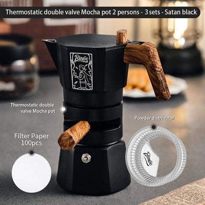 Bincoo GYKF0540 120ML/2 Cup Stovetop Espresso Maker Double Valve Moka Pot with Thermostat Extractor,Italian Espresso Moka Pot with Powder Dispenser and Filter Paper for Home(Black)