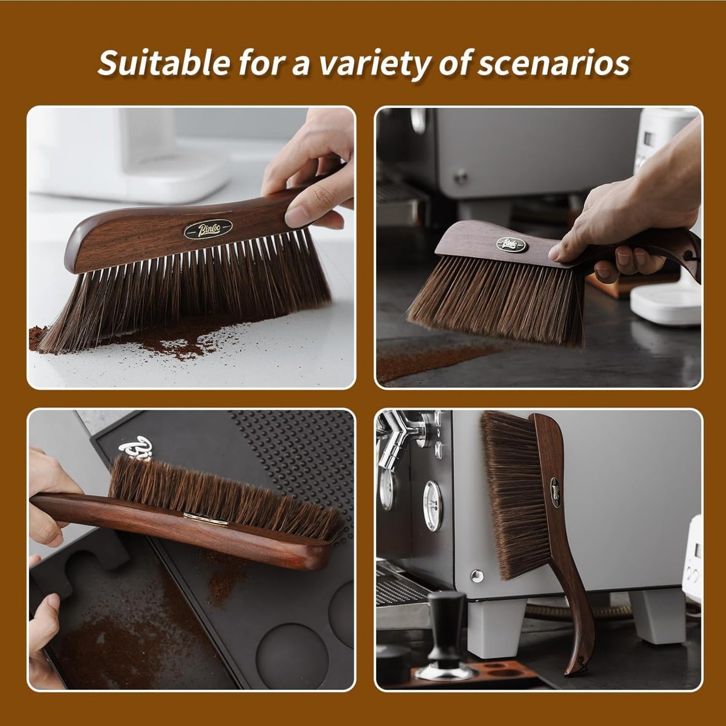 Bincoo GYKF1226 Hand Broom Dusting Brush for Home Cleaning-Espresso Machine Brush-Coffee Table Cleaning Brush with Long Wooden Handle,Ideal for Home,Kitchen,Dining Table,13 Inches Hand Broom(Brown)